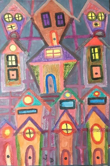 Painting titled "Maisons encadrées" by Jacques Desvaux (JD), Original Artwork, Acrylic Mounted on Cardboard