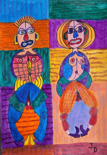 Painting titled "Le Couple Primitif" by Jacques Desvaux (JD), Original Artwork, Marker