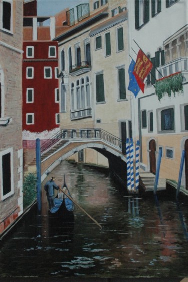 Картина под названием "Venise les canaux 2" - Jacques Dolley, Подлинное произведение искусства, Масло Установлен на Деревянн…