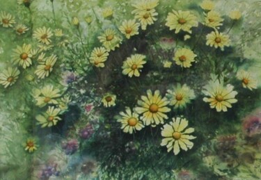 Malerei mit dem Titel "Les Marguerites" von Jacques Dolley, Original-Kunstwerk, Aquarell Auf Keilrahmen aus Holz montiert