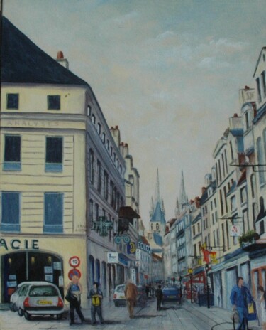 Painting titled "Caen La rue Ecuyère" by Jacques Dolley, Original Artwork, Oil Mounted on Wood Stretcher frame