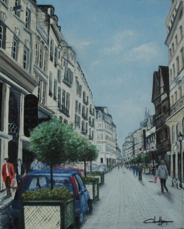 Painting titled "Caen La rue Saint P…" by Jacques Dolley, Original Artwork, Oil Mounted on Wood Stretcher frame