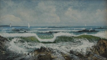 Painting titled "La vague" by Jacques Dolley, Original Artwork, Oil Mounted on Wood Stretcher frame