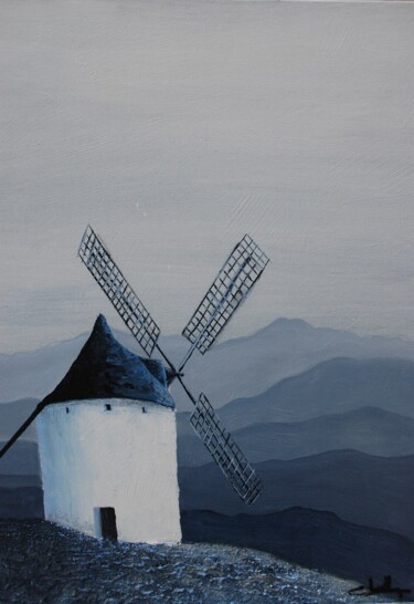 Painting titled "Moulin à Consuegra 2" by Jacques Dolley, Original Artwork, Oil Mounted on Wood Stretcher frame