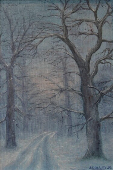 Painting titled "Sous bois en hiver" by Jacques Dolley, Original Artwork, Oil Mounted on Wood Stretcher frame