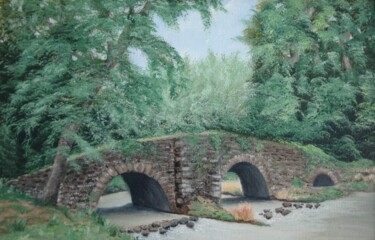 Painting titled "Le petit pont III" by Jacques Dolley, Original Artwork, Oil Mounted on Wood Stretcher frame