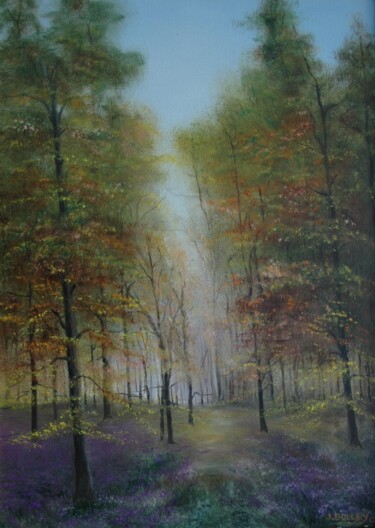 Painting titled "Sous bois III" by Jacques Dolley, Original Artwork, Oil Mounted on Wood Stretcher frame