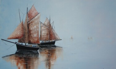Painting titled "Retour de pêche III" by Jacques Dolley, Original Artwork, Oil Mounted on Wood Stretcher frame