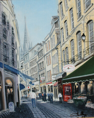 Painting titled "Caen - La rue Froide" by Jacques Dolley, Original Artwork, Oil Mounted on Wood Stretcher frame