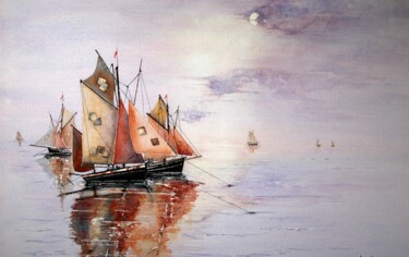 Malerei mit dem Titel "retour de pêche IV" von Jacques Dolley, Original-Kunstwerk, Aquarell