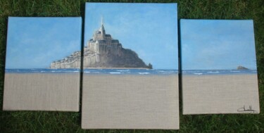 Schilderij getiteld "Le Mont Saint Michel" door Jacques Dolley, Origineel Kunstwerk, Acryl Gemonteerd op Frame voor houten b…