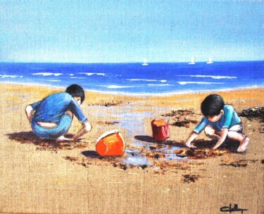Painting titled "enfants à la plage" by Jacques Dolley, Original Artwork, Acrylic Mounted on Wood Stretcher frame