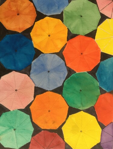Ζωγραφική με τίτλο "Les parapluies" από Jacques Dolley, Αυθεντικά έργα τέχνης, Ακουαρέλα