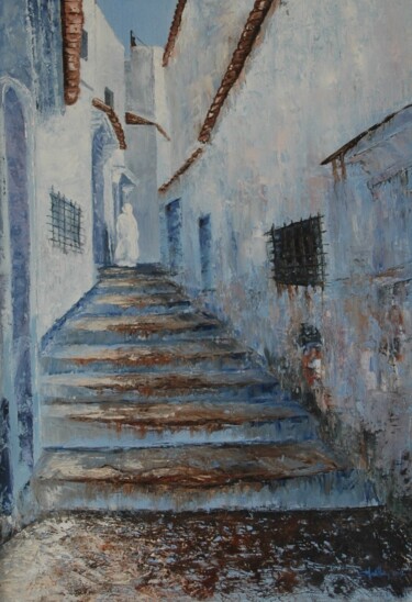 Malerei mit dem Titel "Ruelle à Chefchaoue…" von Jacques Dolley, Original-Kunstwerk, Acryl Auf artwork_cat. montiert