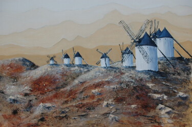Painting titled "Moulins à Consuegra…" by Jacques Dolley, Original Artwork, Acrylic Mounted on Wood Stretcher frame