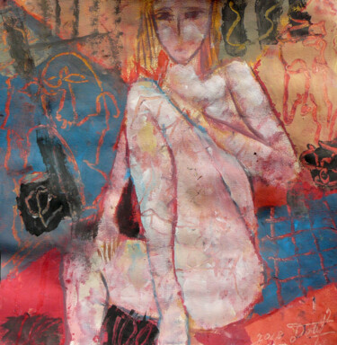 Pintura intitulada "Jeune fille nue ass…" por Jacques Donneaud, Obras de arte originais, Guache