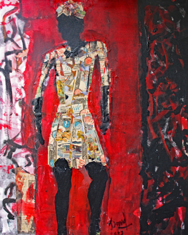 Painting titled "ROUGE, NOIR, SILHOU…" by Jacques Donneaud, Original Artwork, Collages Mounted on Wood Stretcher frame