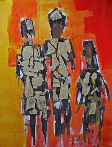 Painting titled "PROMENADE EN FAMILLE" by Jacques Donneaud, Original Artwork, Acrylic Mounted on Wood Stretcher frame