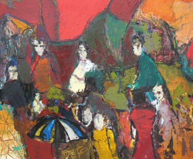 Painting titled "Marché sous l'orage" by Jacques Donneaud, Original Artwork, Acrylic Mounted on Wood Stretcher frame