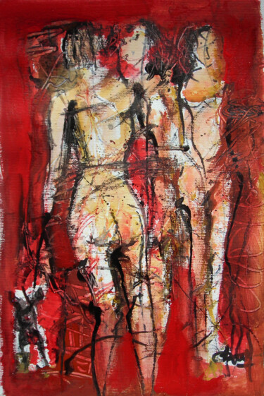 Peinture intitulée "Nus avec chien" par Jacques Donneaud, Œuvre d'art originale, Aquarelle