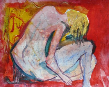 Painting titled "Nu fonds rouge" by Jacques Donneaud, Original Artwork, Watercolor