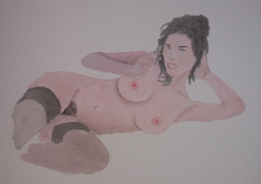 Peinture intitulée "Femme nue allongée" par Emmanuel Jacques, Œuvre d'art originale, Aquarelle