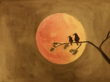 Peinture intitulée "2 oiseaux à la plei…" par Emmanuel Jacques, Œuvre d'art originale, Aquarelle