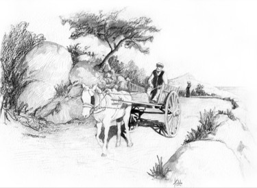 Drawing titled "le voyage en charre…" by Kiddo, Original Artwork, Pencil