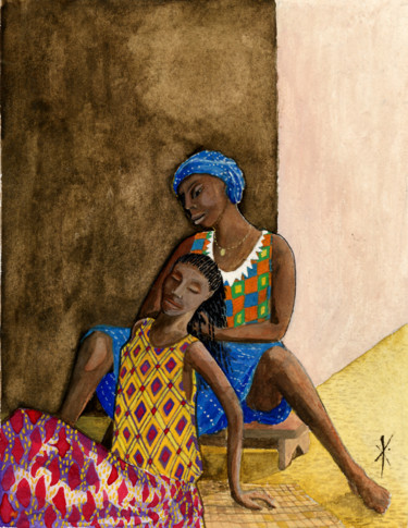 Pintura intitulada "tresses africaines" por Kiddo, Obras de arte originais, Aquarela