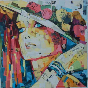 Collages intitolato "Femme au chapeau de…" da Jacques Lacourrege, Opera d'arte originale, Acrilico