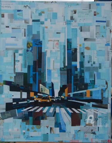 Collages getiteld "New York tout bleu" door Jacques Lacourrege, Origineel Kunstwerk, Collages