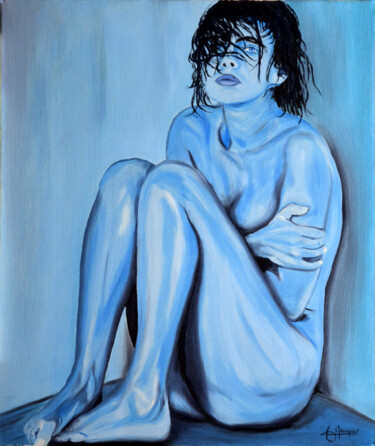 Painting titled "Nu bleu" by Jacques Maupas, Original Artwork, Oil Mounted on Wood Stretcher frame
