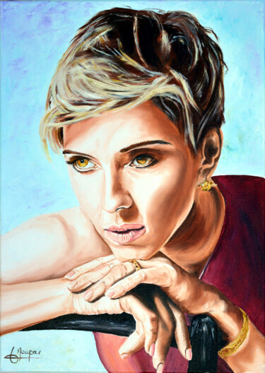 Painting titled "Scarlett Johansson" by Jacques Maupas, Original Artwork, Oil Mounted on Wood Stretcher frame