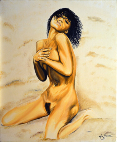 Painting titled "Nue sur le sable" by Jacques Maupas, Original Artwork, Oil Mounted on Wood Stretcher frame