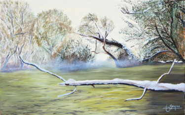 Painting titled "Hiver sur la Sorgue" by Jacques Maupas, Original Artwork, Oil Mounted on Wood Stretcher frame