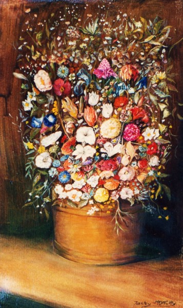Картина под названием "Vase à fleurs" - Jacques Moncho (Art d'antan), Подлинное произведение искусства, Гуашь