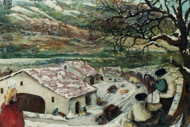 Painting titled "Causerie à la fonte…" by Jacques Moncho (Art d'antan), Original Artwork, Oil
