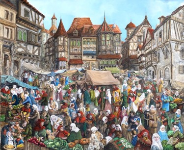 Painting titled "Place du marché" by Jacques Moncho (Art d'antan), Original Artwork, Oil