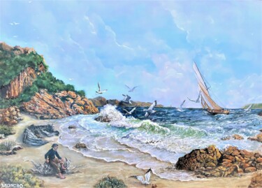 Painting titled "Toutes voiles déhors" by Jacques Moncho (Art d'antan), Original Artwork, Oil Mounted on Wood Stretcher frame