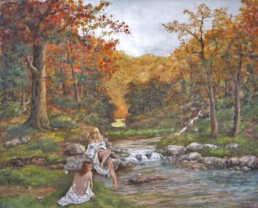 Painting titled "après midi d'automne" by Jacques Moncho (Art d'antan), Original Artwork, Oil Mounted on Wood Panel