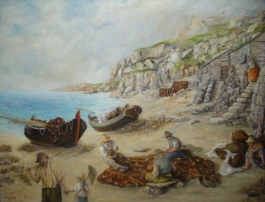 Painting titled "Cabanes de pêcheurs" by Jacques Moncho (Art d'antan), Original Artwork, Oil Mounted on Wood Stretcher frame