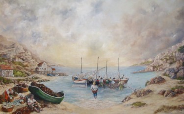 Картина под названием "Le retour des pêche…" - Jacques Moncho (Art d'antan), Подлинное произведение искусства, Масло