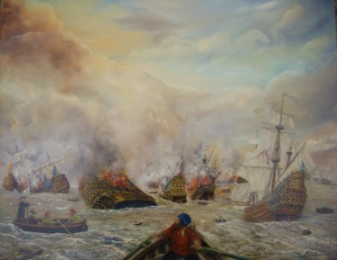 Pintura intitulada "Le combat naval" por Jacques Moncho (Art d'antan), Obras de arte originais, Óleo