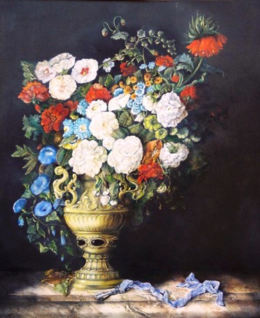 Painting titled "La clef des fleurs" by Jacques Moncho (Art d'antan), Original Artwork, Oil
