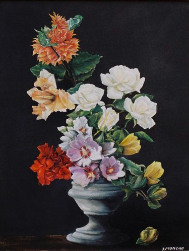 Painting titled "Bouquet de fleurs d…" by Jacques Moncho (Art d'antan), Original Artwork, Oil