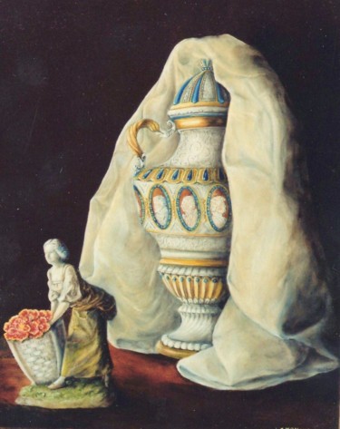 Schilderij getiteld "Le vase et la statu…" door Jacques Moncho (Art d'antan), Origineel Kunstwerk, Olie Gemonteerd op Frame…