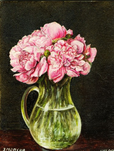 Peinture intitulée "Vase avec pivoine" par Jacques Moncho (Art d'antan), Œuvre d'art originale, Huile
