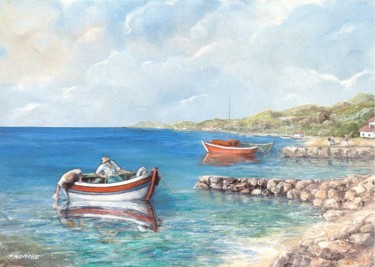Painting titled "Barque de pêche à l…" by Jacques Moncho (Art d'antan), Original Artwork, Oil