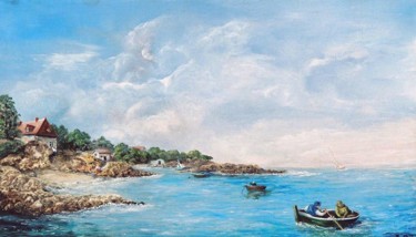 Painting titled "La partie de pêche" by Jacques Moncho (Art d'antan), Original Artwork, Oil