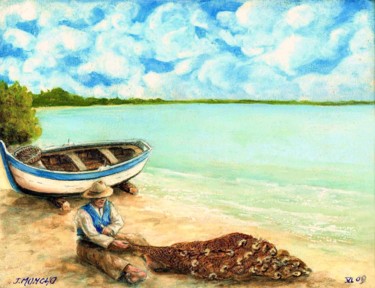 Peinture intitulée "Pêcheur réparant se…" par Jacques Moncho (Art d'antan), Œuvre d'art originale, Huile
